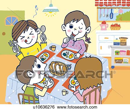 Stock Illustration - Children having a meal, Painting, Illustration, Illustrative Technique, High Angle View. Fotosearch