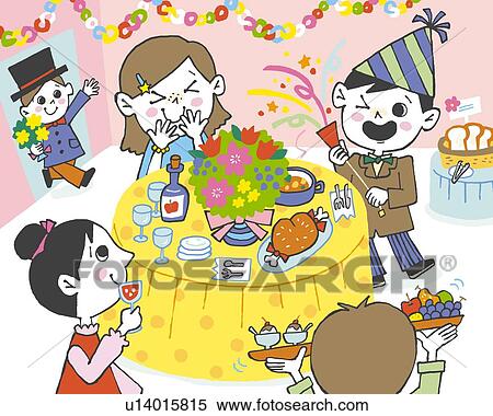 Stock Illustration - Children having party, Painting, Illustration, Illustrative Technique. Fotosearch