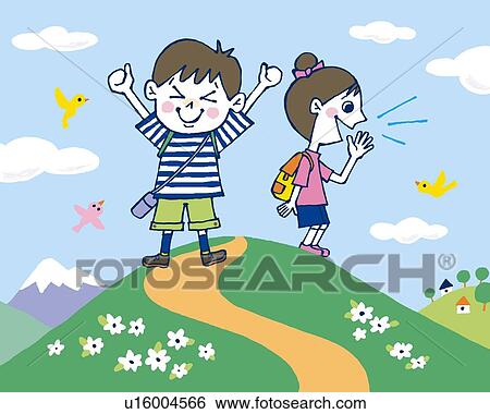 Children hiking, Painting, Illustration, Illustrative Technique, Front View, Side View View Large Illustration Stock Illustration - Children hiking, Painting, Illustration, Illustrative Technique, Front View, Side View. Fotosearch