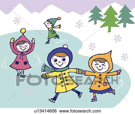 Stock Illustration - Children ice skating, Painting, Illustration, Illustrative Technique, Front View, Side View. Fotosearch