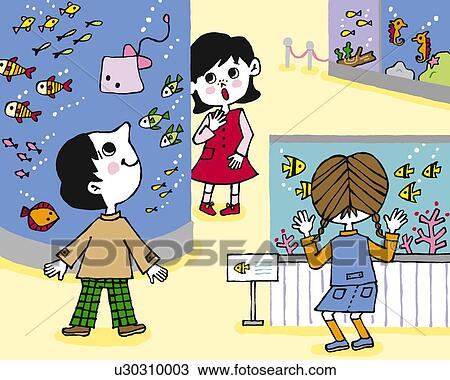 Drawing - Children in Aquarium, Painting, Illustration, Illustrative Technique, Front View, Rear View. Fotosearch