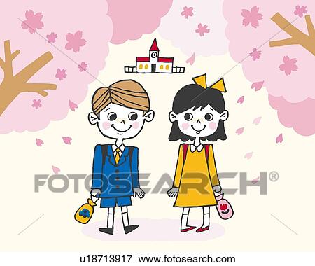 Stock Illustration - Children in entrance ceremony, Painting, Illustration, Illustrative Technique, Front View. Fotosearch