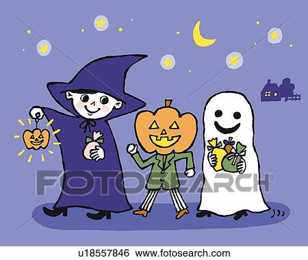 Stock Illustration - Children in Halloween, Painting, Illustration, Illustrative Technique, Front View. Fotosearch