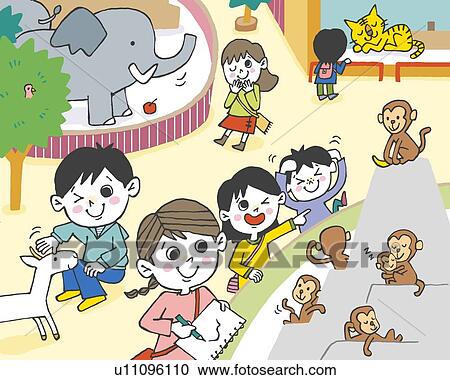 Clipart - Children in zoo, Painting, Illustration, Illustrative Technique, High Angle View. Fotosearch