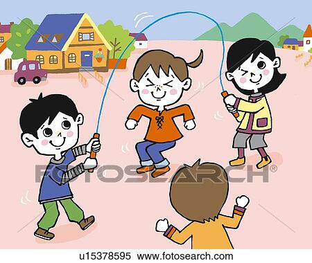 Children jumping rope, Painting, Illustration, Illustrative Technique, Front View, Rear View View Large Illustration Stock Illustration - Children jumping rope, Painting, Illustration, Illustrative Technique, Front View, Rear View. Fotosearch