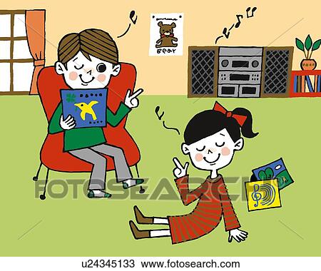Drawing - Children listening to music, Painting, Illustration, Illustrative Technique, Front View. Fotosearch