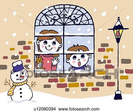 Stock Illustration - Children looking outside in snowing day, Painting, Illustration, Illustrative Technique, Front View. Fotosearch