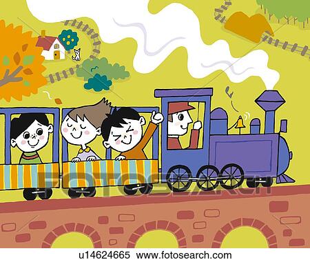 Children on a steam train, Painting, Illustration, Illustrative Technique, Side View View Large Illustration Stock Illustration - Children on a steam train, Painting, Illustration, Illustrative Technique, Side View. Fotosearch