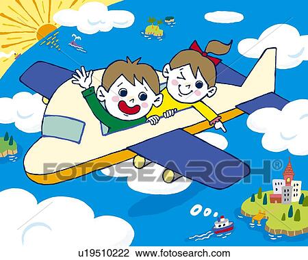 Drawing - Children on an airplane, Painting, Illustration, Illustrative Technique, High Angle View. Fotosearch