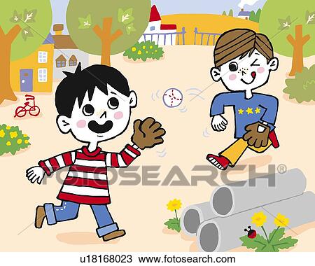 Drawing - Children playing catch, Painting, Illustration, Illustrative Technique, Front View. Fotosearch