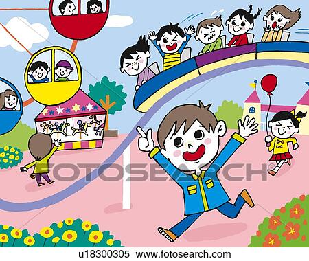 Stock Illustration - Children playing in an amusement park, Painting, Illustration, Illustrative Technique. Fotosearch