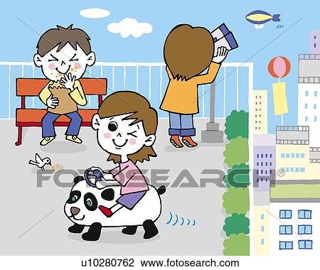 Drawing - Children playing on the building roof, Painting, Illustration, Illustrative Technique, High Angle View. Fotosearch