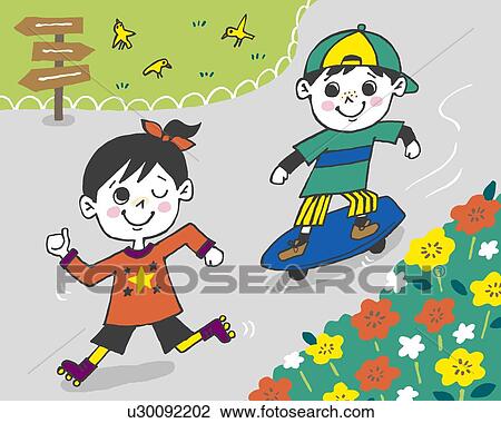 Children playing, Painting, Illustration, Illustrative Technique, High Angle View View Large Illustration Drawing - Children playing, Painting, Illustration, Illustrative Technique, High Angle View. Fotosearch