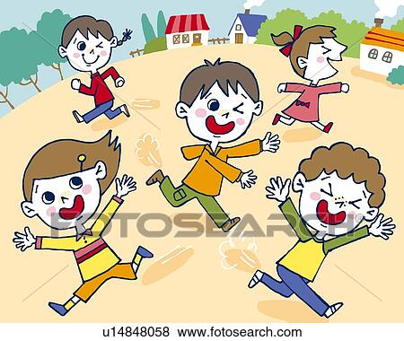 Stock Illustration - Children playing tag, Painting, Illustration, Illustrative Technique, High Angle View. Fotosearch
