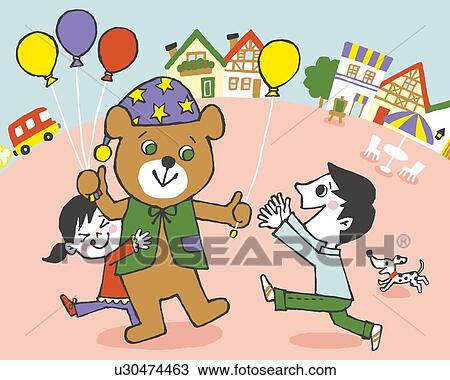 Drawing - Children playing with a living doll, Painting, Illustration, Illustrative Technique, Side View. Fotosearch