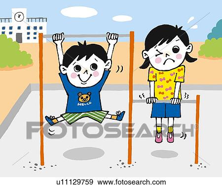 Children playing with horizontal bars, Painting, Illustration, Illustrative Technique, Front View View Large Illustration Stock Illustration - Children playing with horizontal bars, Painting, Illustration, Illustrative Technique, Front View. Fotosearch