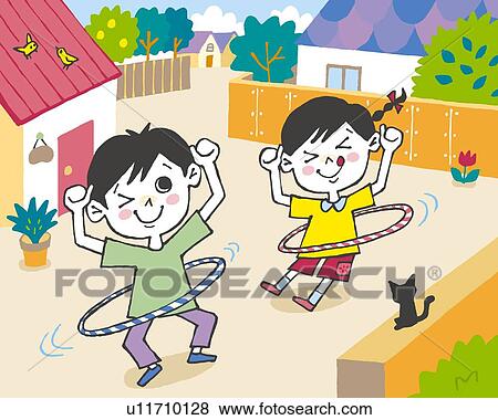 Stock Illustration - Children playing with Hula Hoops, Painting, Illustration, Illustrative Technique, High Angle View. Fotosearch