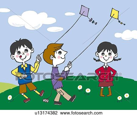 Drawing - Children playing with kites, Painting, Illustration, Illustrative Technique, Front View, Side View. Fotosearch
