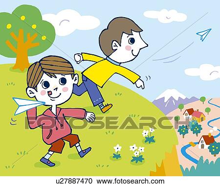Clipart - Children playing with paper airplanes, Painting, Illustration, Illustrative Technique, Side View. Fotosearch