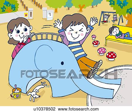 Drawing - Children playing with play equipment, Painting, Illustration, Illustrative Technique, Side View. Fotosearch