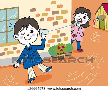 Drawing - Children playing with string telephone, Painting, Illustration, Illustrative Technique, Front View. Fotosearch