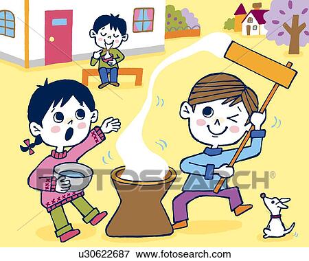 Stock Illustration - Children pounding rice cake, Painting, Illustration, Illustrative Technique, Front View, Side View. Fotosearch
