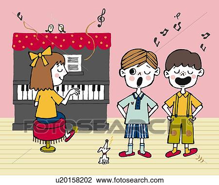 Children singing, Painting, Illustration, Illustrative Technique, Front View, Rear View View Large Illustration Drawing - Children singing, Painting, Illustration, Illustrative Technique, Front View, Rear View. Fotosearch
