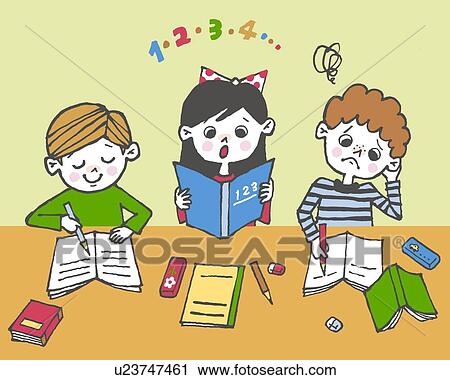 Children studying, Painting, Illustration, Illustrative Technique, Front Side View View Large Illustration Clip Art - Children studying, Painting, Illustration, Illustrative Technique, Front Side View. Fotosearch