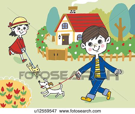 Children taking dogs for a walk, Painting, Illustration, Illustrative Technique, Front View View Large Illustration Stock Illustration - Children taking dogs for a walk, Painting, Illustration, Illustrative Technique, Front View. Fotosearch