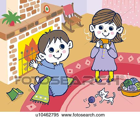 Children warming by the fire, Painting, Illustration, Illustrative Technique, High Angle View View Large Illustration Stock Illustration - Children warming by the fire, Painting, Illustration, Illustrative Technique, High Angle View. Fotosearch