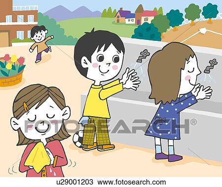 Children washing hands, Painting, Illustration, Illustrative Technique, Front View, Side View View Large Illustration Drawing - Children washing hands, Painting, Illustration, Illustrative Technique, Front View, Side View. Fotosearch