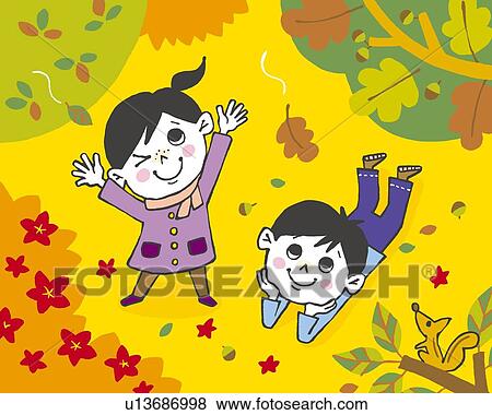 Children watching falling leaves, Painting, Illustration, Illustrative Technique, High Angle View View Large Illustration Stock Illustration - Children watching falling leaves, Painting, Illustration, Illustrative Technique, High Angle View. Fotosearch