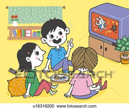 Clipart - Children watching TV, Painting, Illustration, Illustrative Technique, Rear View, Side View. Fotosearch