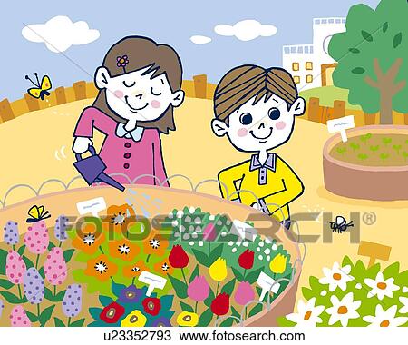 Children watering flowers, Painting, Illustration, Illustrative Technique, Front View View Large Illustration Drawing - Children watering flowers, Painting, Illustration, Illustrative Technique, Front View. Fotosearch