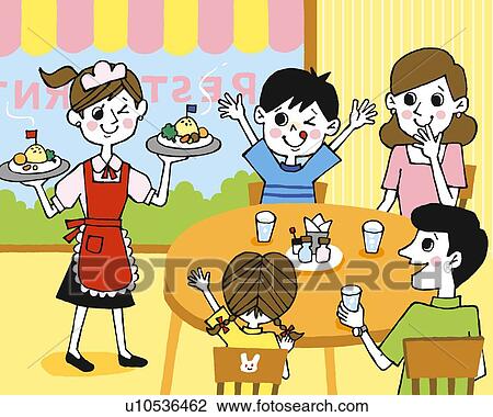 Drawing - Family at restaurant, Painting, Illustration, Illustrative Technique, Front View, Rear View. Fotosearch
