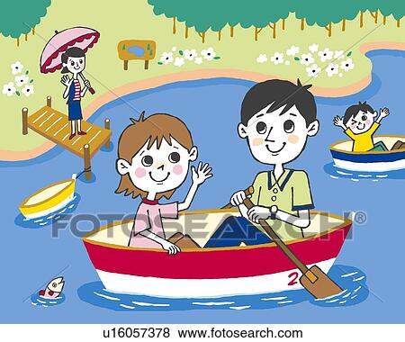 Stock Illustration - Family on boats, Painting, Illustration, Illustrative Technique, Front View. Fotosearch