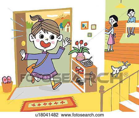 Girl coming home, Painting, Illustration, Illustrative Technique, Front View View Large Illustration Drawing - Girl coming home, Painting, Illustration, Illustrative Technique, Front View. Fotosearch