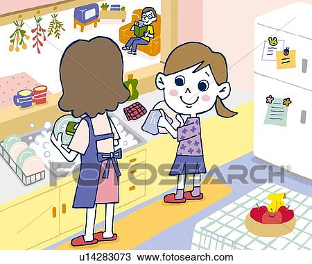 Drawing - Girl helping mother washing up, Painting, Illustration, Illustrative Technique, Rear View, High Angle View. Fotosearch