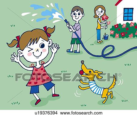 Stock Illustration - Girl playing with a dog, Painting, Illustration, Illustrative Technique, Front View. Fotosearch