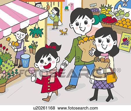 Stock Illustration - Girl walking with parents, Painting, Illustration, Illustrative Technique, Front View. Fotosearch