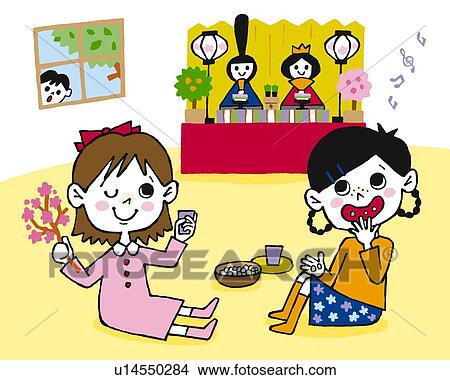 Stock Illustration - Girls celebrating Doll Festival, Painting, Illustration, Illustrative Technique, Side View. Fotosearch