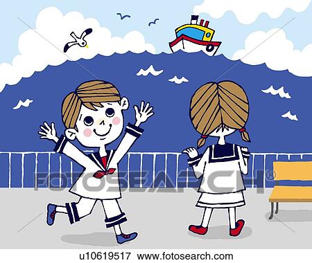 Stock Illustration - Girls in sailor suits, Painting, Illustration, Illustrative Technique, Front View, Rear View. Fotosearch