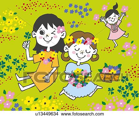Stock Illustration - Girls playing in flower garden, Painting, Illustration, Illustrative Technique, Front View. Fotosearch