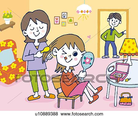 Stock Illustration - Mother setting daughter's hair, Painting, Illustration, Illustrative Technique, Front View, Side View. Fotosearch