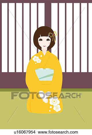 日本語 女の子 中に 着物 絵 イラスト Illustrative 技術 正面図 イラスト U Fotosearch