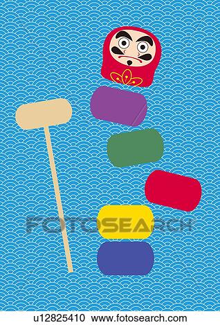 Clipart - Daruma and Wood Blocks, Painting, Illustration, Illustrative Technique. Fotosearch