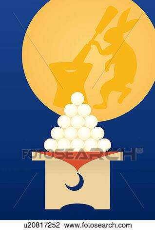 Drawing - Full Moon and Rice Cakes, Painting, Illustration, Illustrative Technique. Fotosearch
