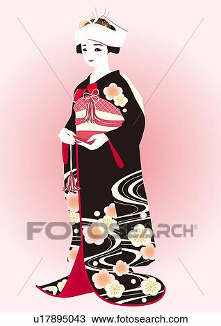 Drawing - Japanese Bride, Painting, Illustration, Illustrative Technique, Side View. Fotosearch