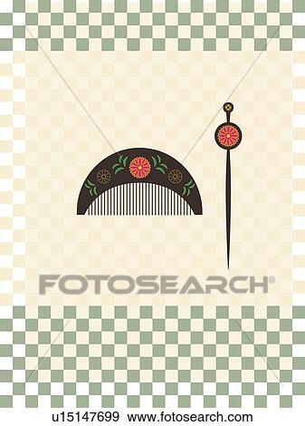 Stock Illustration - Japanese Comb and Hairpin, Painting, Illustration, Illustrative Technique. Fotosearch