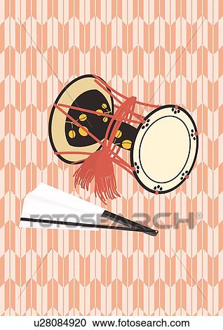 Clipart - Japanese Fan and Drum, Painting, Illustration, Illustrative Technique. Fotosearch